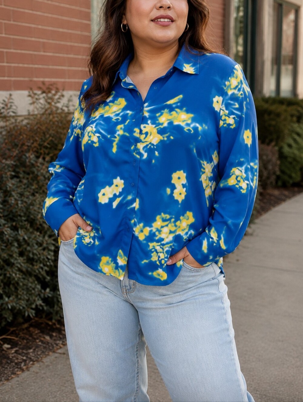 ICONE Blue Yellow Floral Button Down Shirt Long Sleeve Y2K Artsy Statement Top